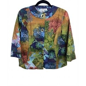 Coldwater Creek Boho Floral Metallic Jacket Blazer Scoop Neck 3/4 Sleeve M